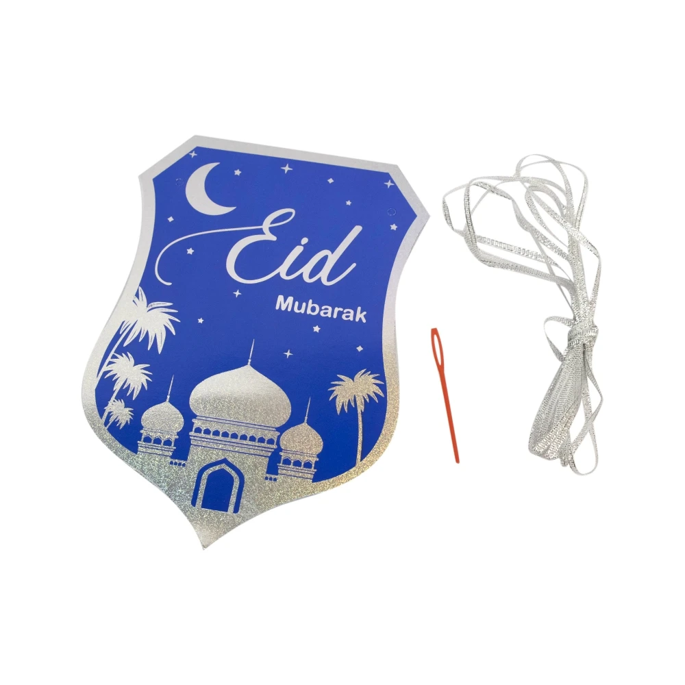 Blue Eid Banner Garland Muslim Eid Party Hanging Decorations Glitter Silver Foiled Eid Mubarak Paper Bunting With Moon Mosque