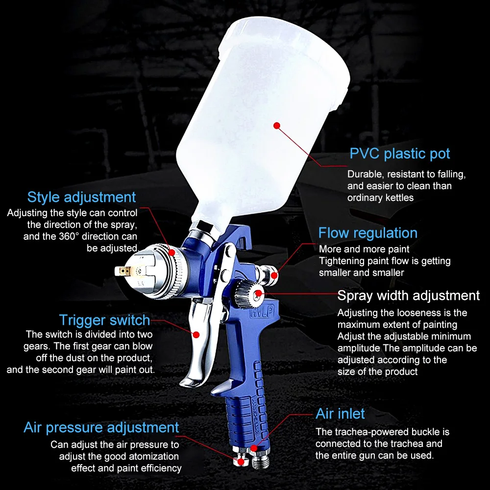 H-827 Cars Painting Furnitures DIY Painting Kit Car Auto Repair Tool 1.4mm 1.7mm 2.0mm Airbrush HVLP Spray Gun Steel Nozzle