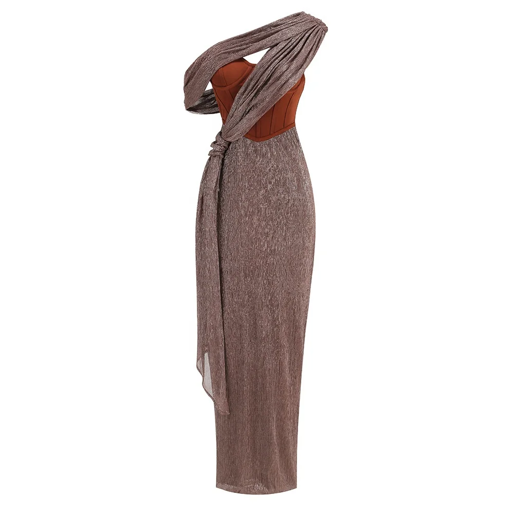 2024 New Women Fashion Oblique Shoulder Sexy Dresses For Ladies Hip Dress Evening Hollow Slim Ribbon Design Female Brown Dress