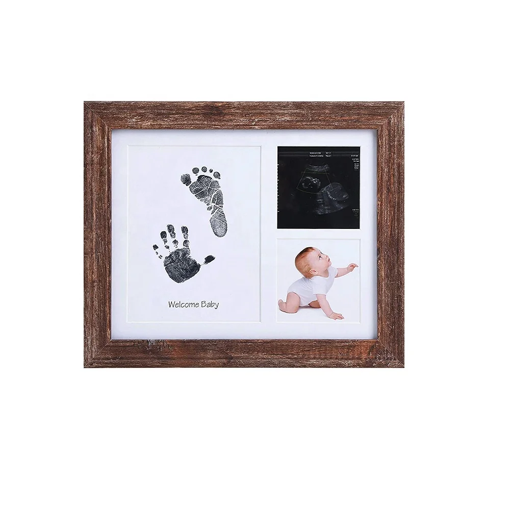 custom 8x10 rustic Brown MDF New Parents Baby sonogram photo and Handprint Footprint ink pad picture Frame for Meaningful Gift