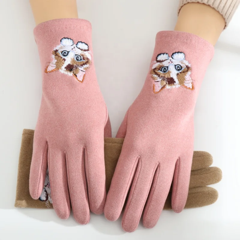 Customized Logo Gloves Winter Fleece Women Touchscreen Gloves Embroidery Cat Gloves