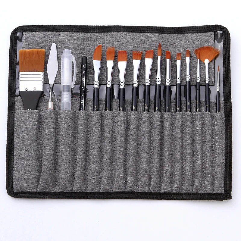 New cross-border 18-piece set of multi-purpose nylon wool watercolor brushes, acrylic brushes, canvas painting bags, painting