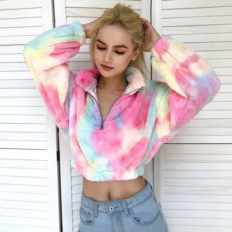 Casual Fluffy Hoodie  Winter Tie Dye Crop Sherpa Women Plush Crop Pullover 1/4 Zipper Stand Collar Jacket