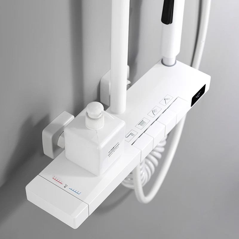 Modern Copper Piano White Shower Set Rainfall Jet Spray Pattern with Temperature for Hotels Bathroom Shower System