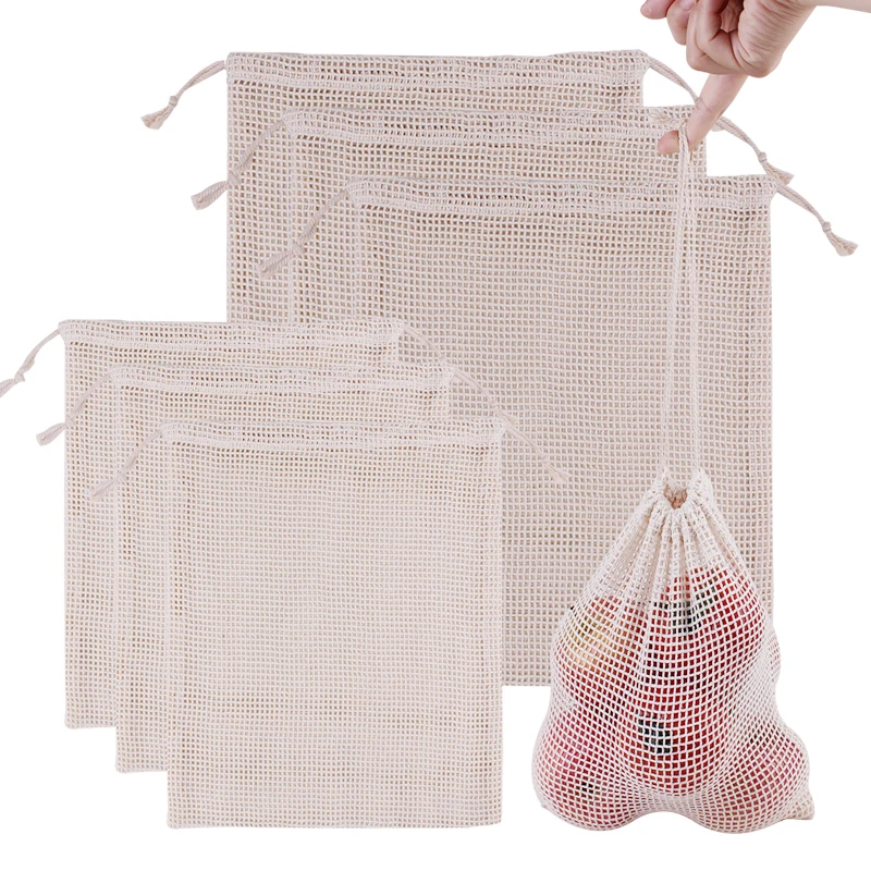 Fruits Cotton Bags Cotton Fruit Bag 100% Mesh Net Cloth Food String Washable Storage Fruits Drawstring Shopping Produce Organic