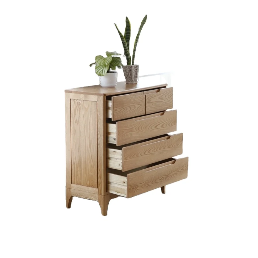Шкаф для хранения в нордическом стиле с 5 выдвижными ящиками из натурального массива дерева