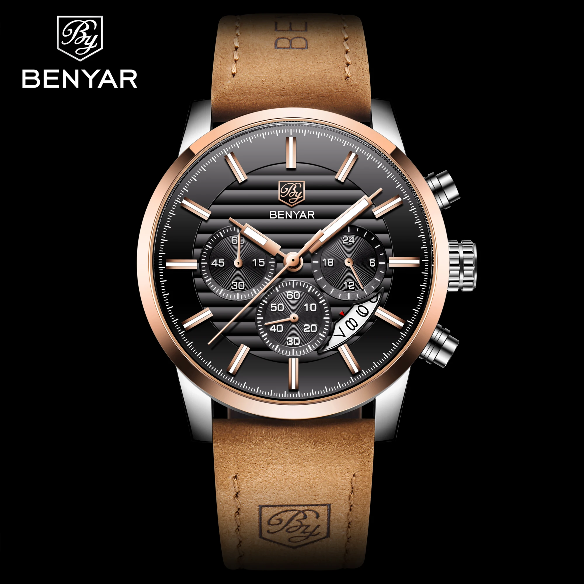 Benyar 5104, кварцевые часы, мужские наручные часы oem, мужские роскошные часы с хронографом и кожаным ремешком для мужчин