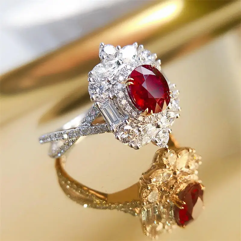 Royal Fine Jewelry Supplier Ruby Ring Gold Trendy Europe Natural for Women South Africa Real Diamond 0.9ct Pigeon Blood Red 18k