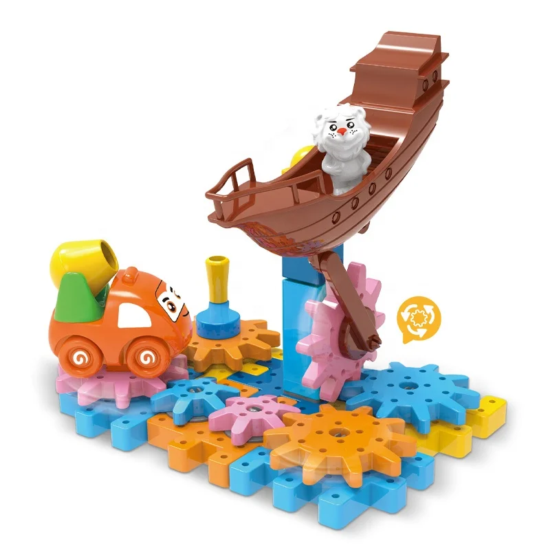 Educational toy hand rotating gear building blocks set cartoon toy pirate ship theme diy self assembly toy kit 34PCS