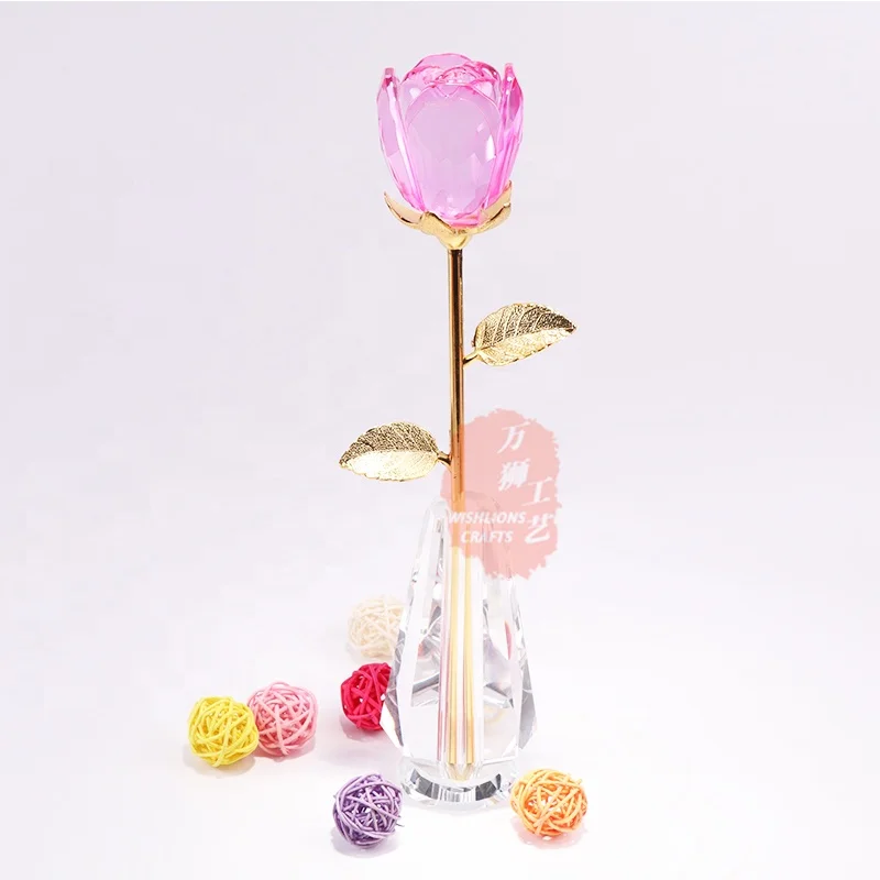 Factory Price Gold Crystal Glass Rose Pink Elegant Crystal Rose Gifts Color Glass Flower Decoration For Living Room CWG-99H300