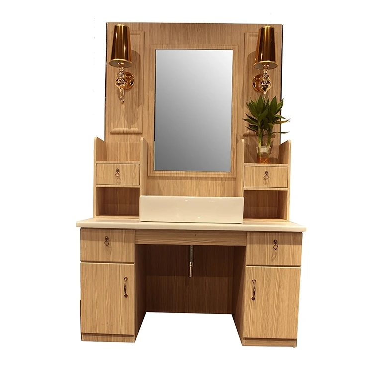 Hight quality hair salon  barber shop wooden salon hairdressing styling mirror stations with cabinet
