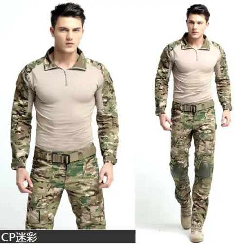 Men Tactical Combat Uniform Sets Camo Army Shirt Pants Military Elbow Knee Pads