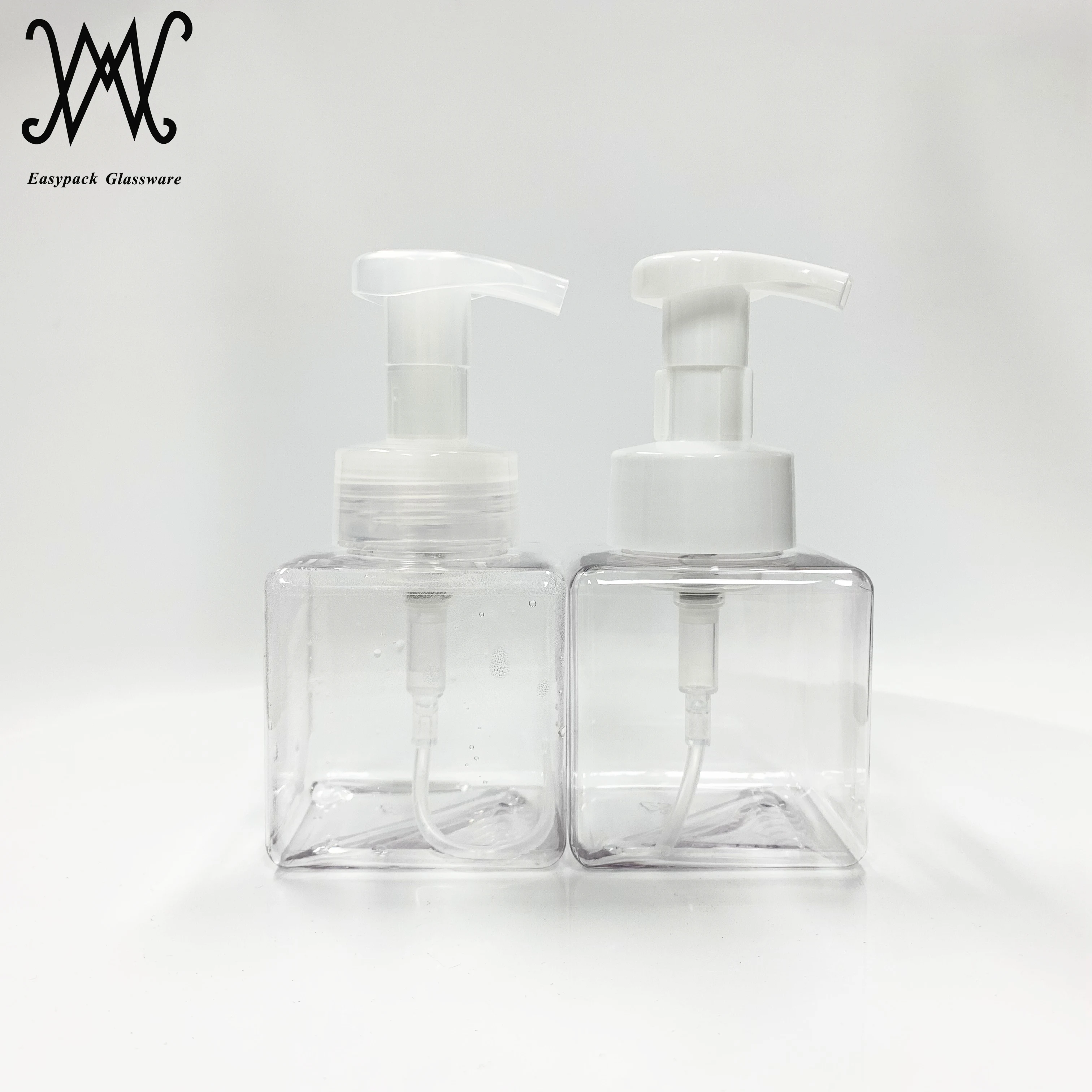 250ml cube square PET plastic bottle with hand soap foaming pump sprayer