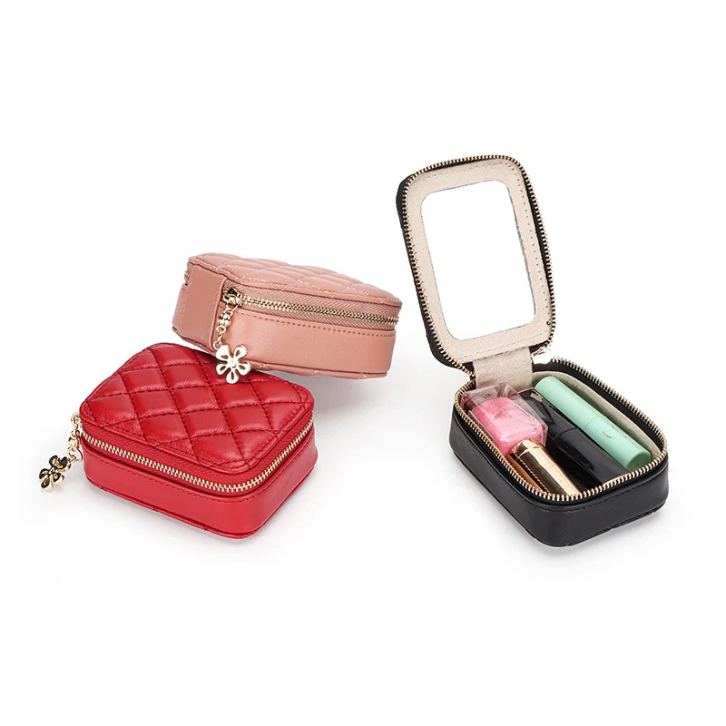 With Mirror Portable Travel Mini Makeup Pouch PU Leather Lipstick Case
