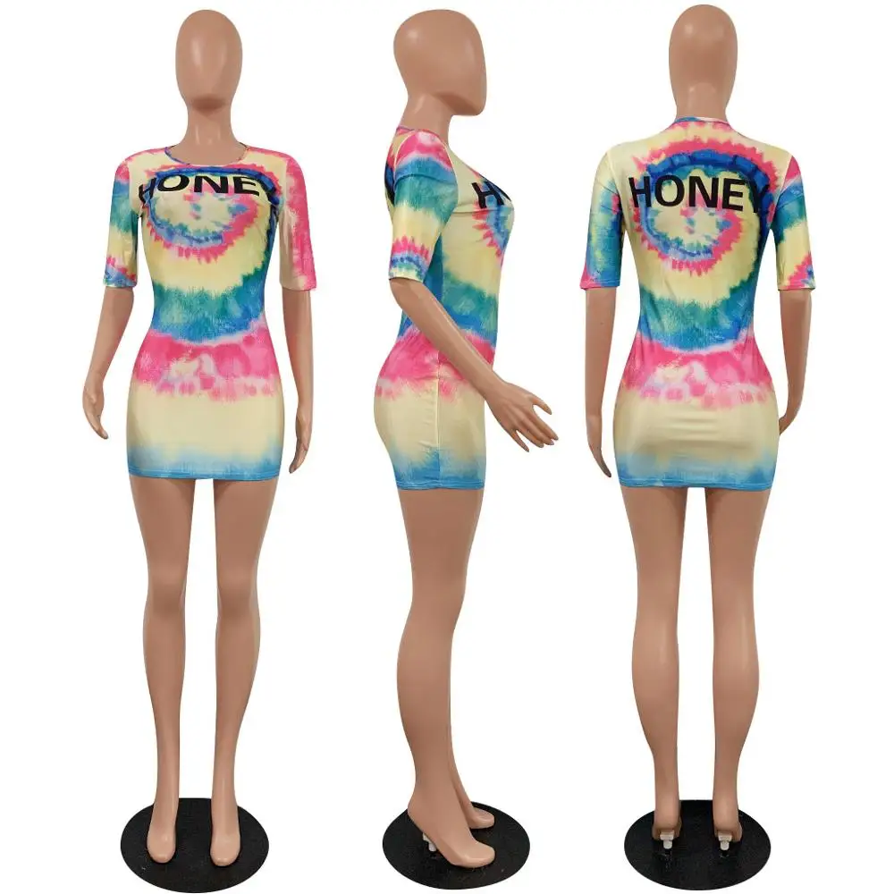 
Tie Dye Ombre Colorblock Half Sleeve Dress Women Casual Bodycon Mini Dress Honey Letter Print Dress 