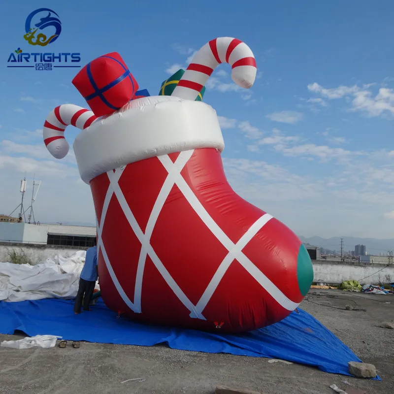 Hot Sale Giant Red Inflatable Christmas Sock With Candy Cane Christmas Boot Air Balloon