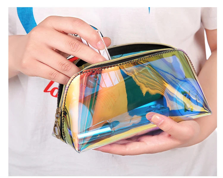 
Travel private label logo glitter clear TPU holographic cosmetic bag 