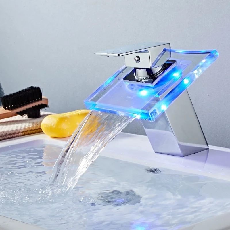 
 ROVATE Стекло Носик LED Водопад кран для ванной комнаты 3 вида цветов смеситель для раковины с одной ручкой на одно отверстие латунь графический дизайн матовый  