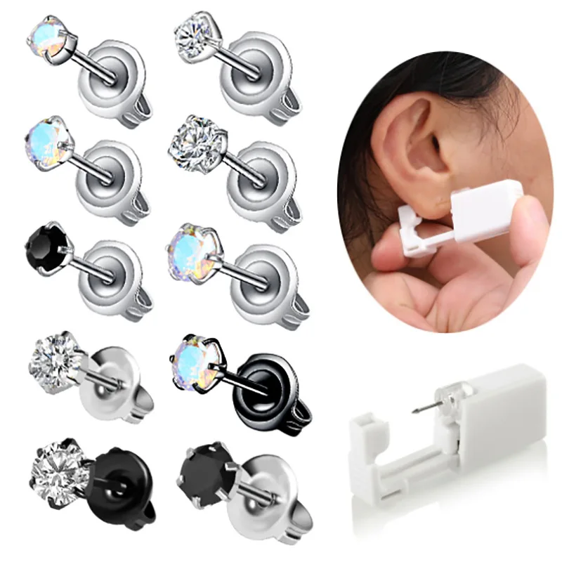 Zircon Stainless Steel Disposable Nose Ear Piercing Safe Sterile Easier Piercing Gun Earring Studs Body Piercer Tool Machine