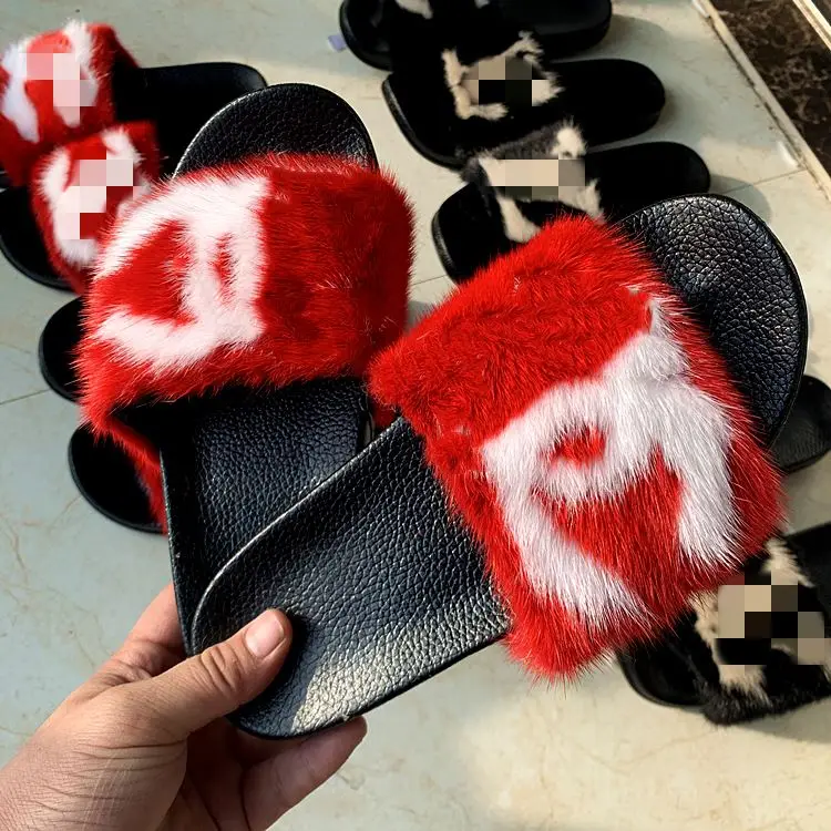Real mink leather slippers mink leather slides custom logo and color mix fluffy