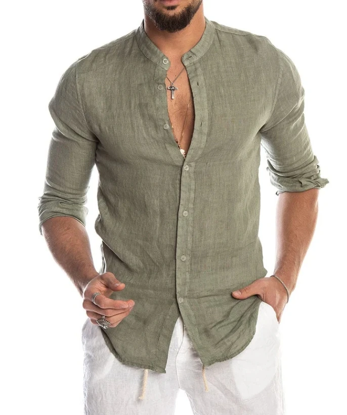 Мужская Повседневная льняная рубашка сплошной цвет мандарин с воротником-стойкой и длинным рукавом летняя пляжная обычного кроя топы