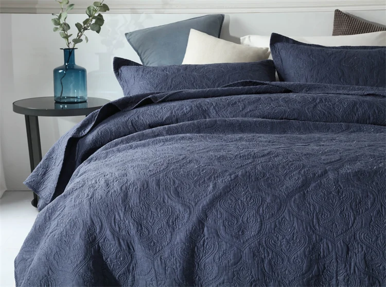 European Blue Reversible Queen King 3 Pieces Cotton Bedspread Patchwork Quilt Sets with 2 Pillowcases - Cotton,