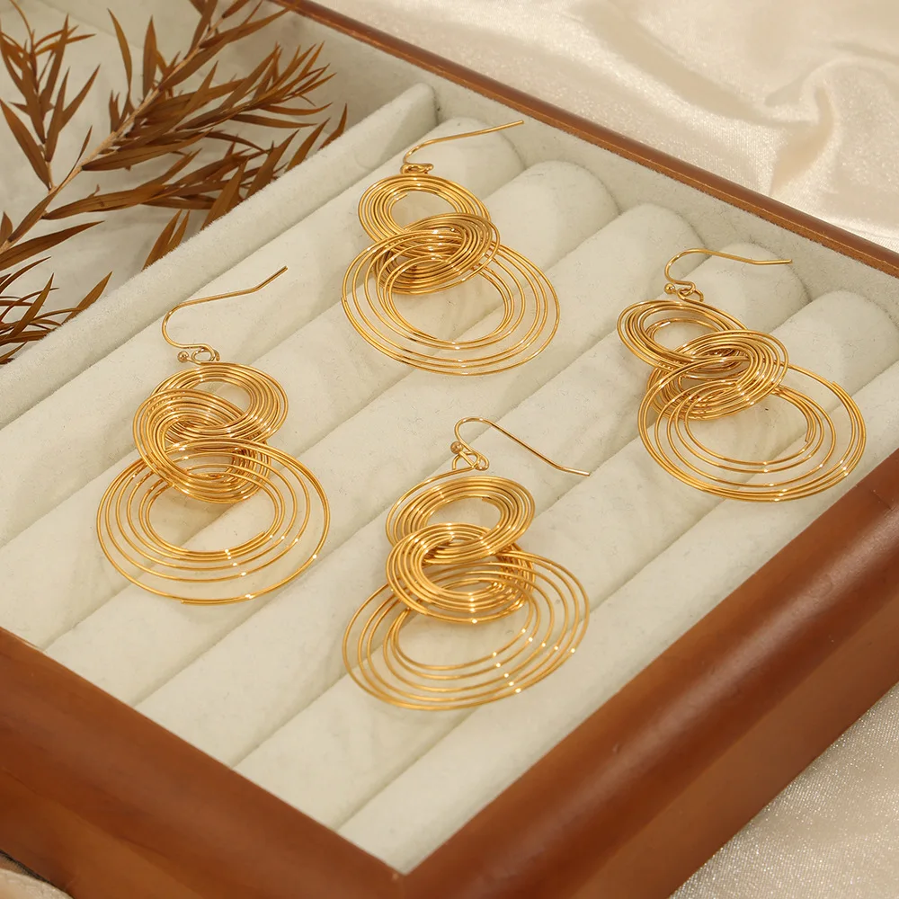 Hyperbole Multi Layer Interlocking Coil Hook Earring 18K Gold Plated 316L Stainless Steel Mosquito Coil Drop Earring