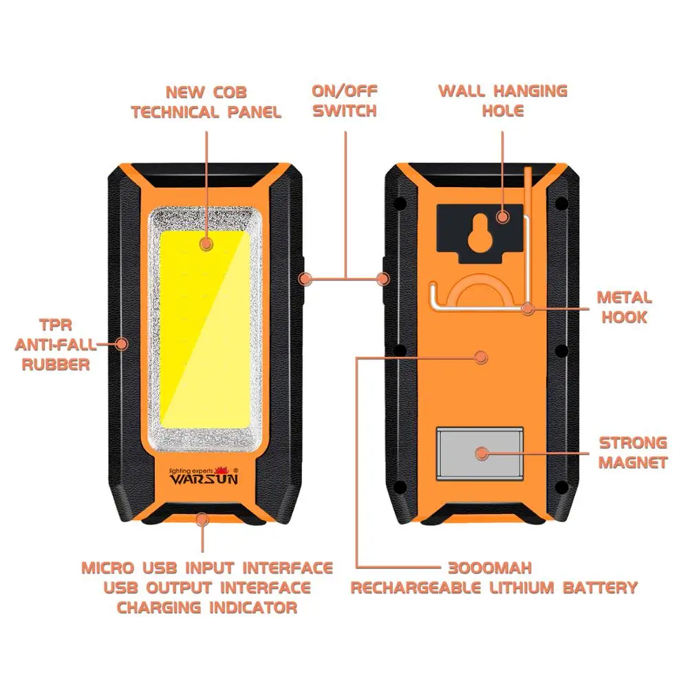 WARSUN Y39 outdoor portable LED car inspection light hook work lamp USB COB rechargeable work light with magnet