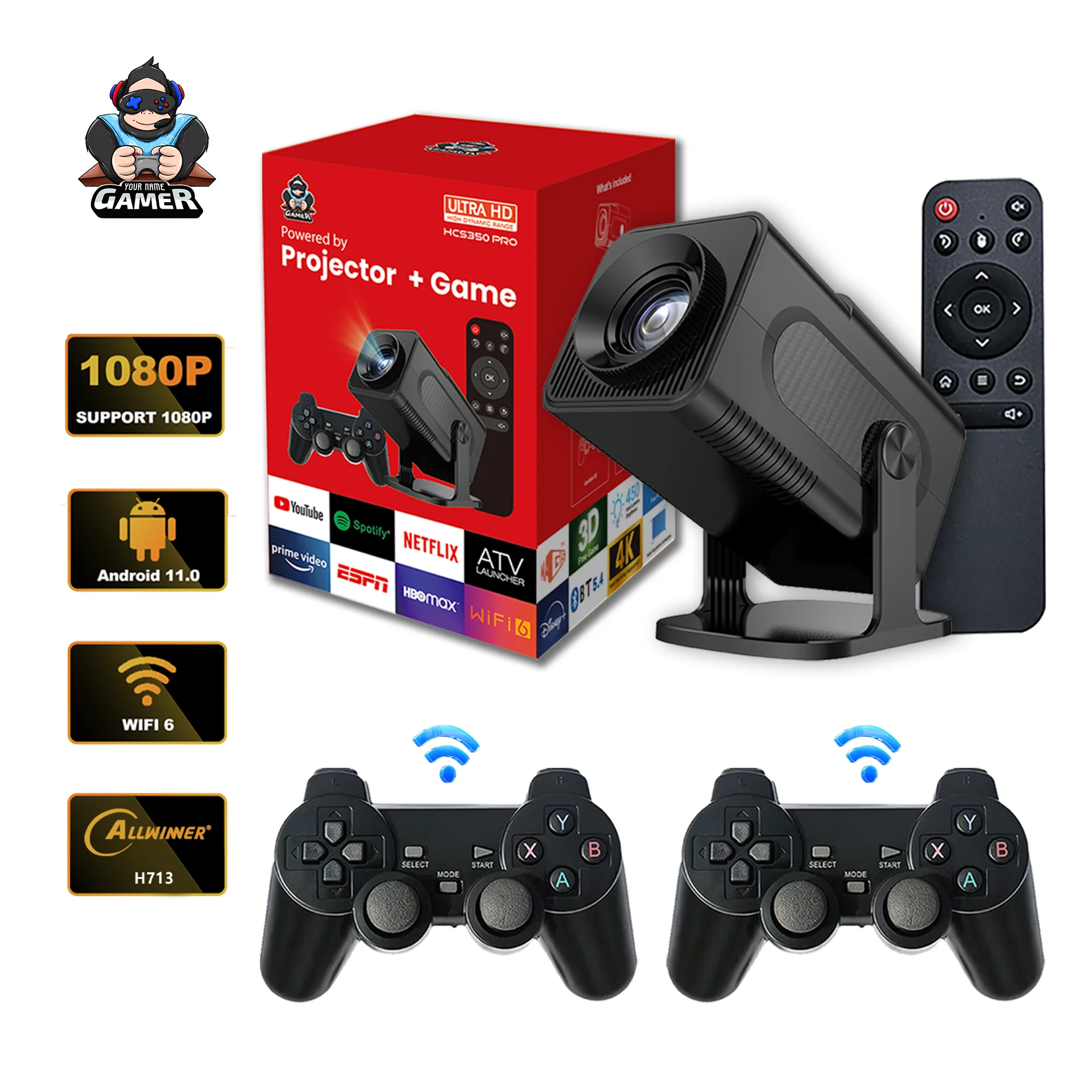 HOT HCS350PRO Android 11 game projector 2 in 1 with joy sticks allwinner h713 HD 1080P football game ps2 game consoles projector