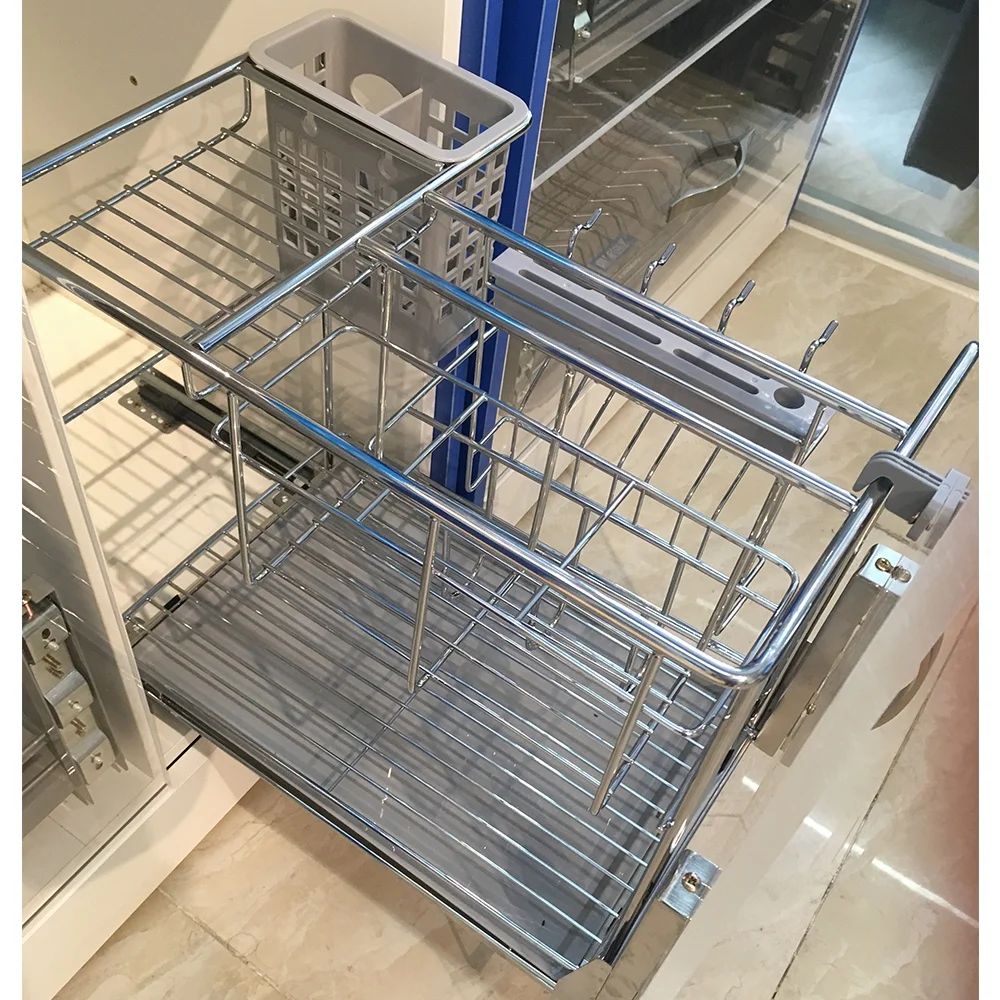 Metal full height double slide pull out spice metallic 2 tier  undersink steel shelf basket rack with rail rails and baskets