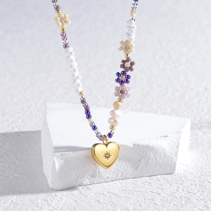 Stainless steel colorful elegant beaded flower heart pendant necklace for women girl
