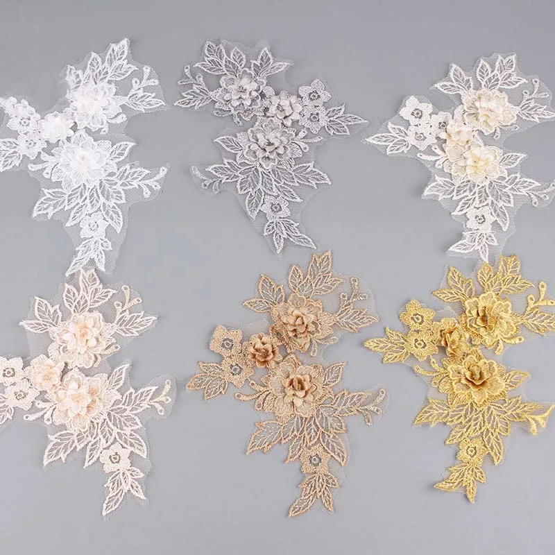 Diy Garment Accessories Costume Sewing 3D Flower Motif Applique Patch Mesh Organza Embroidery Textile Sewing Costume Floral Lace