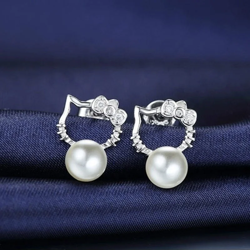 Cute Natural Pearl Hello Kitty Cat Stud Earring Jewelry Silver Plated 18K White Gold Hello Kate Cat Earrings for Baby Girl