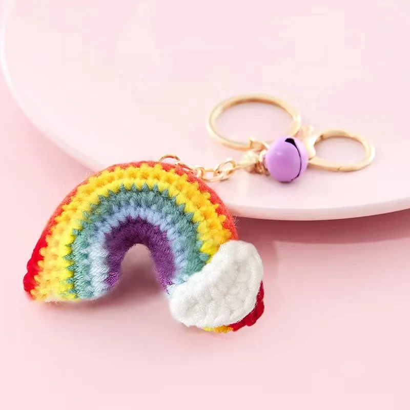 Promotional Knitted Yarn Rainbow Samile Face Flower Keychain Pendant Tag with  Screw Locking Wire Loop or Lobster Clip Wholesale