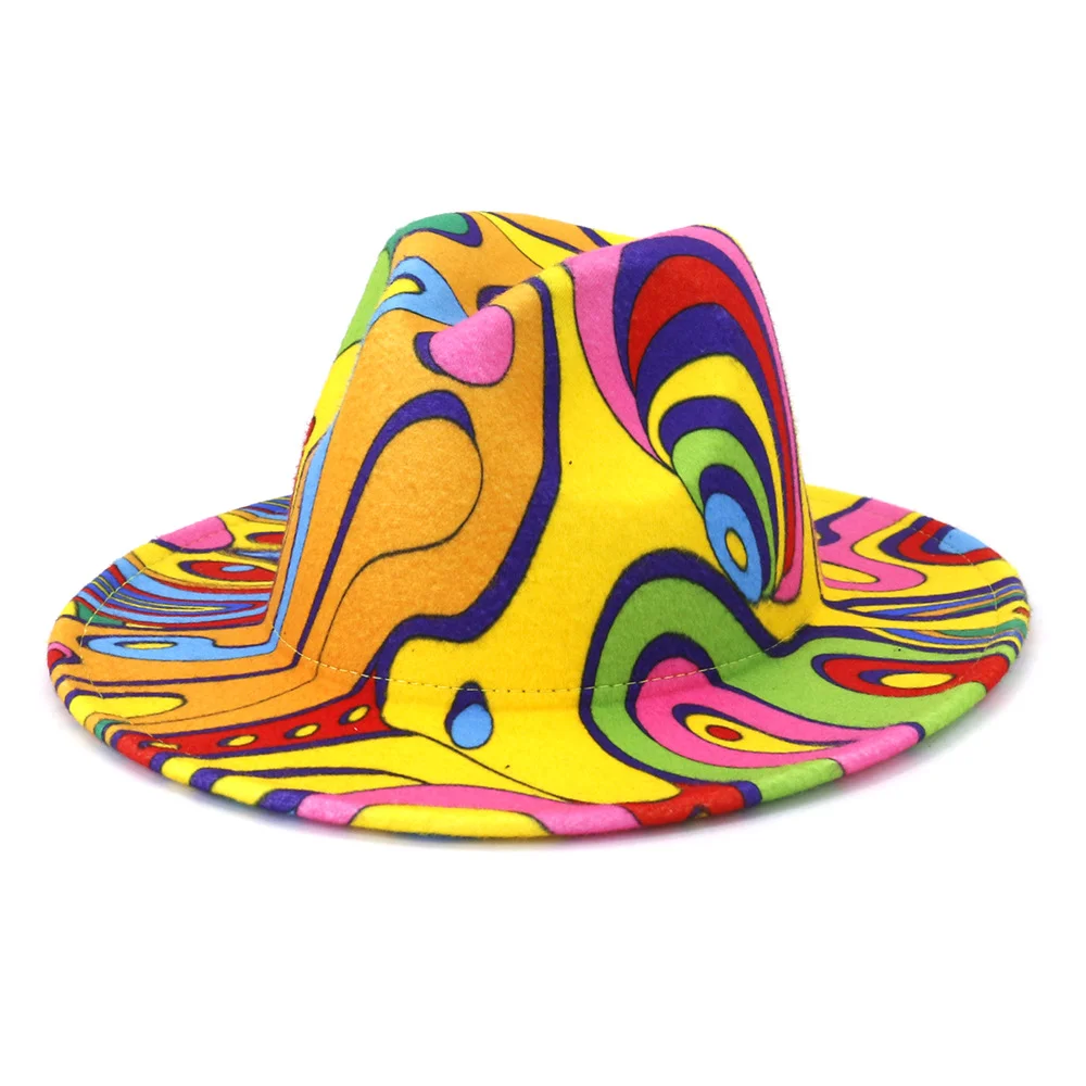 
Tie Dye Fedora Hats Women Wholesale 2021 Wide Brim Graffiti Fadora Two Tone Felt Fedora Hats 
