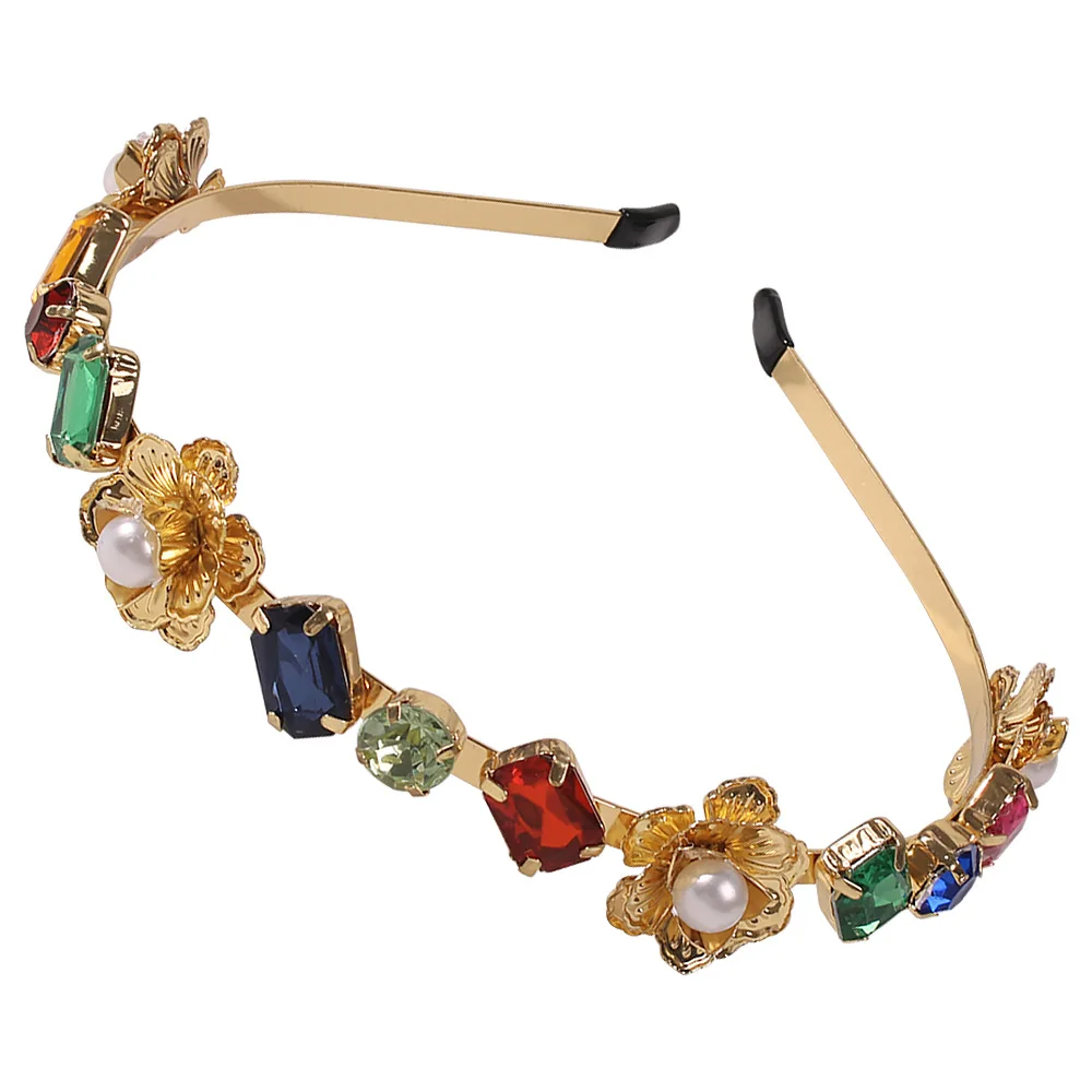 Luxury Hair Accessories Square Round Thin Metal Head Hoop Crystal Diamond Headband For Women Flower With Pearl