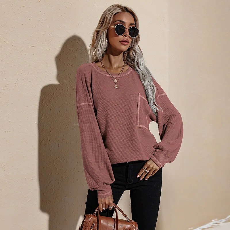 2022 Spring new Long-sleeved Loose Top Solid Color Bat Sleeve Top