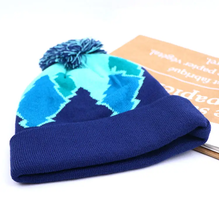 winter ski customized jacquard acrylic knitted cuff bobble hat knit hat pom pom beanie with custom logo