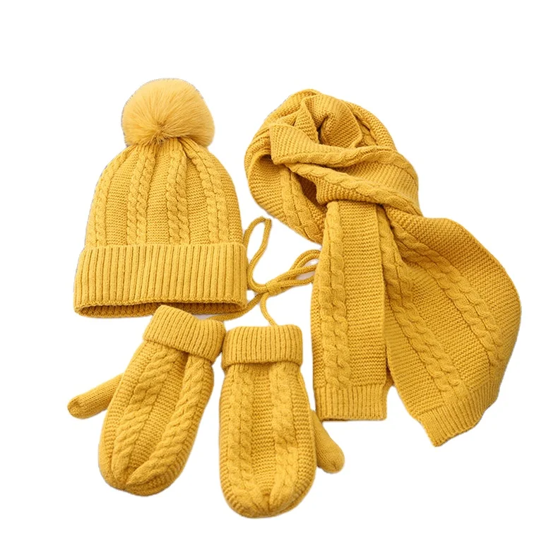 
Trendy Stock Knitted Cute Warm Comfortable Unisex Golves Scarf Kids Winter Hats Set 