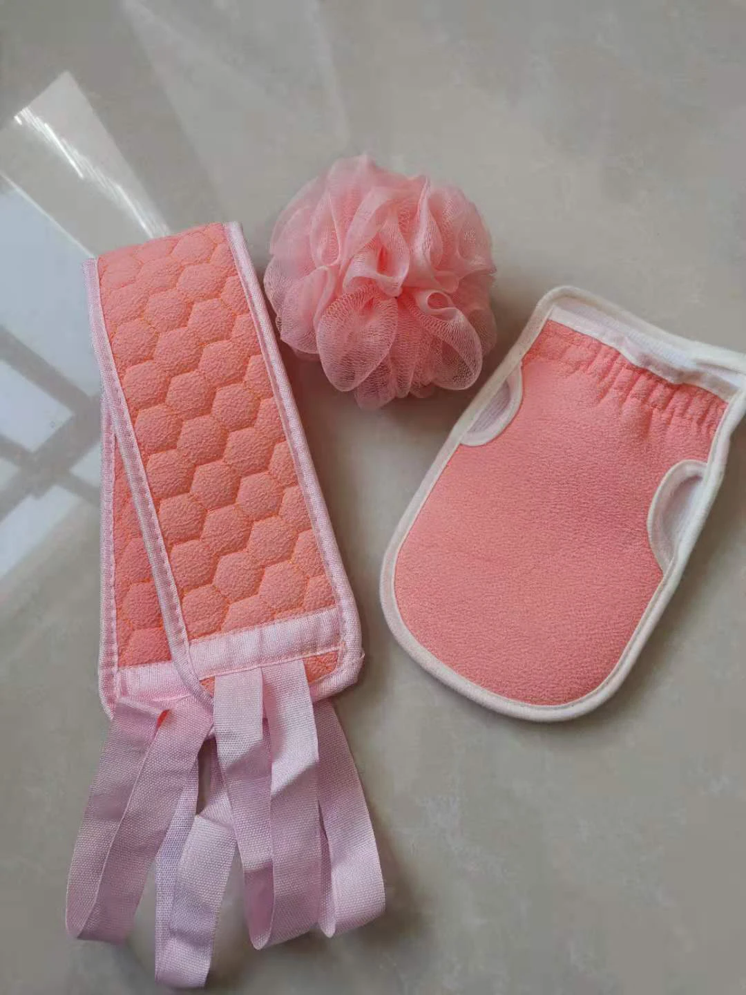 Stock 3 Pcs Soft Long Bath Belt Exfoliating Glove Bath Flower Ball Washcloth Shower Sponge Set