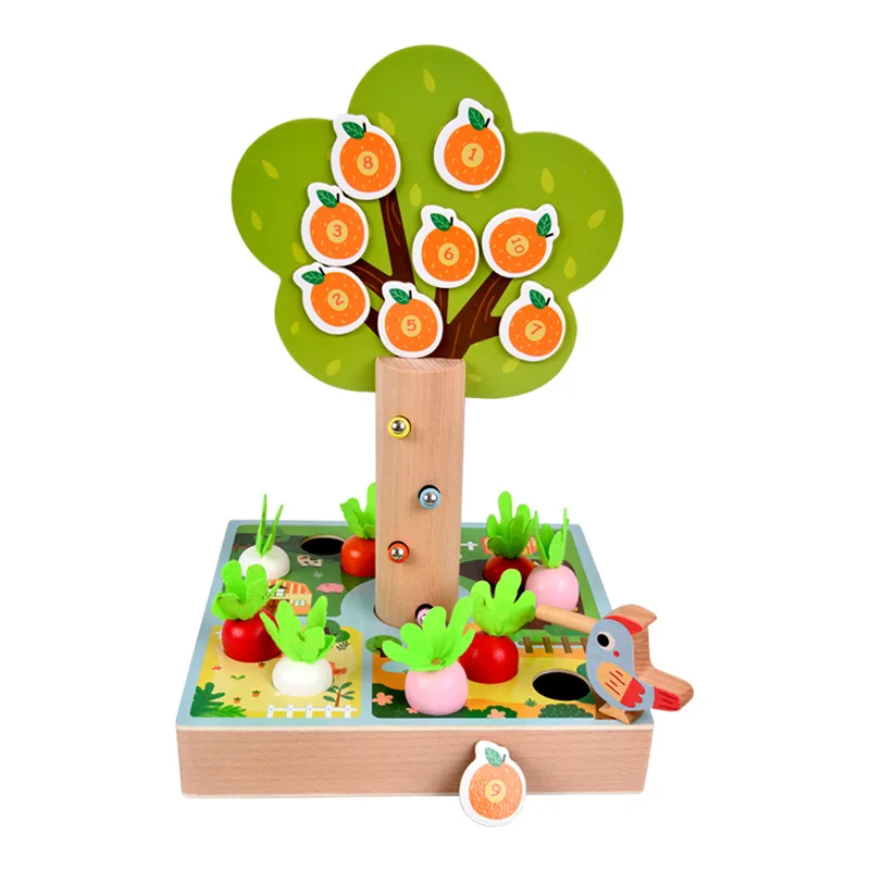 3 in 1 Montessori Wooden Pulling Carrot woodpecker Tree Shape Toy Educational Wooden Magnetic Fishing Board Game Toy for Kids