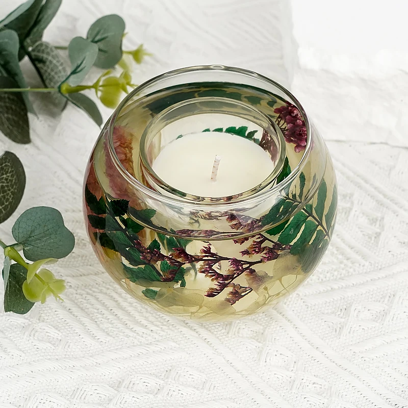 Wholesale Luxury Custom Christmas Decoration Double Glass Jar Scented Jelly Gel Soy Wax Candle with Dried Flowers Active Use