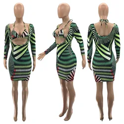 Long Sleeve Nightclub Geometry Print Hot Spring Dresses For Women Sexy Outfits Two Pieces Dress -PT