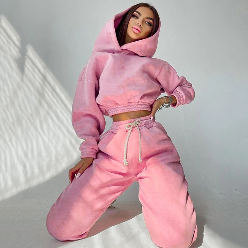 Wholesale Gym Wear Women Tracksuit Winter Sport Suits 2 Piece Set Casual Outfit Pullover Crop Top Hoodie+Sweatpants Jogger Set