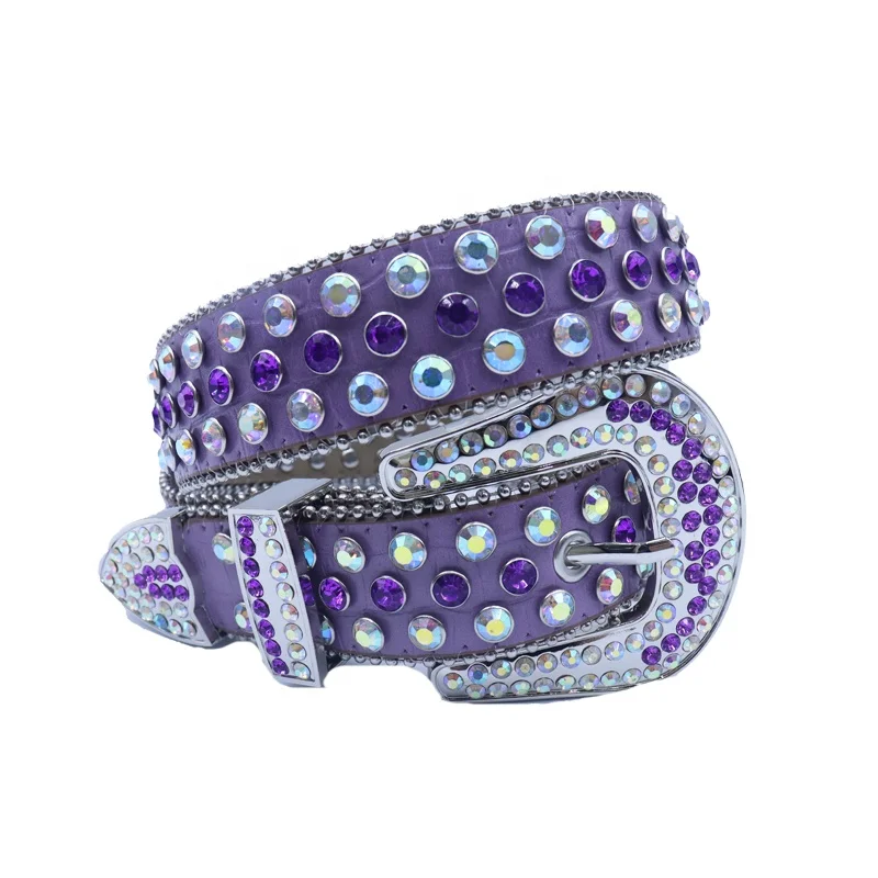 Western BB Simon Rhinestone Belt Bling PU Leather Crystal Belt with Purple Stone Fashionable Silver Alloy Buckle for Men Women