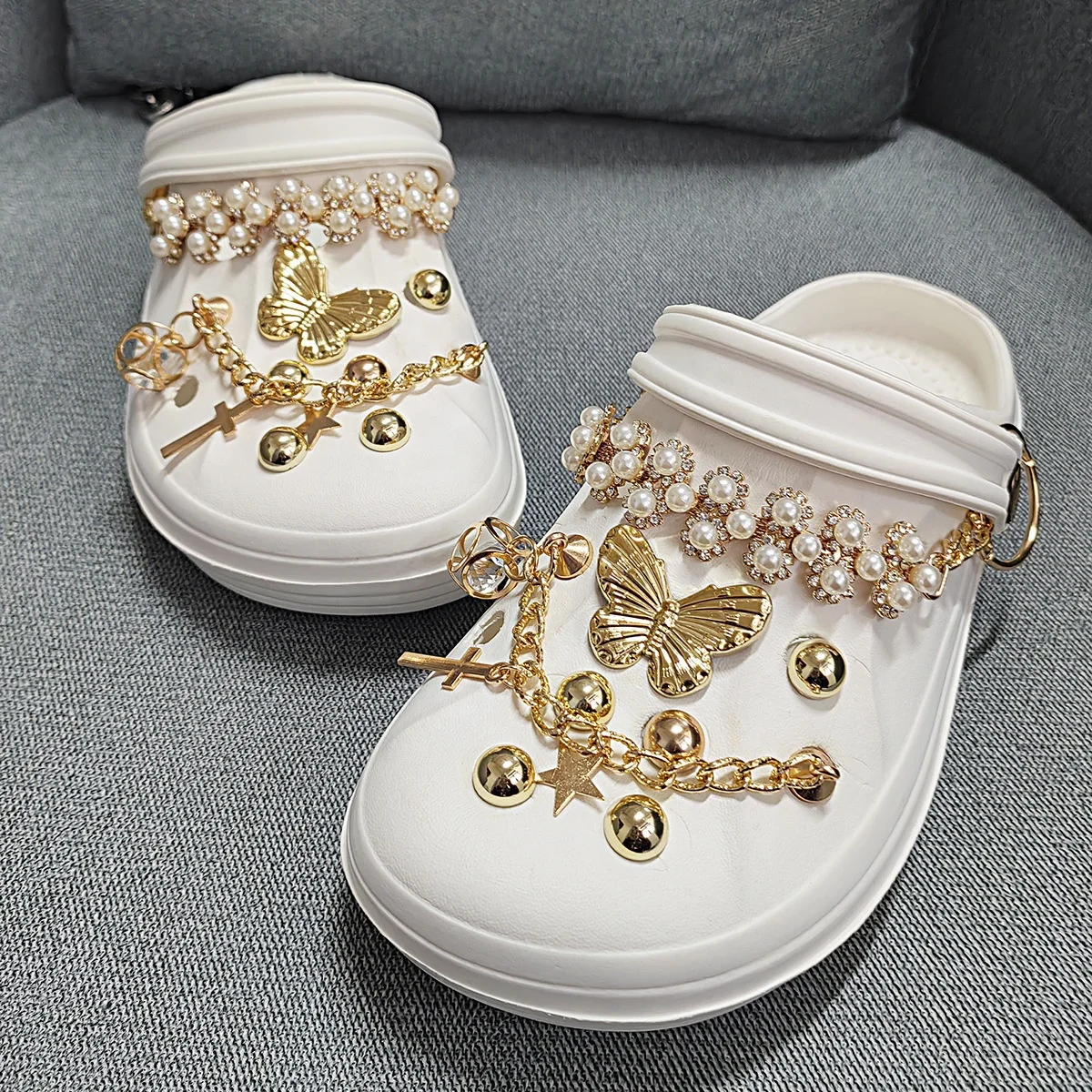 Gold chain metal line butterfly Clogs accessories imitation pearl chain gold series hole shoe charms