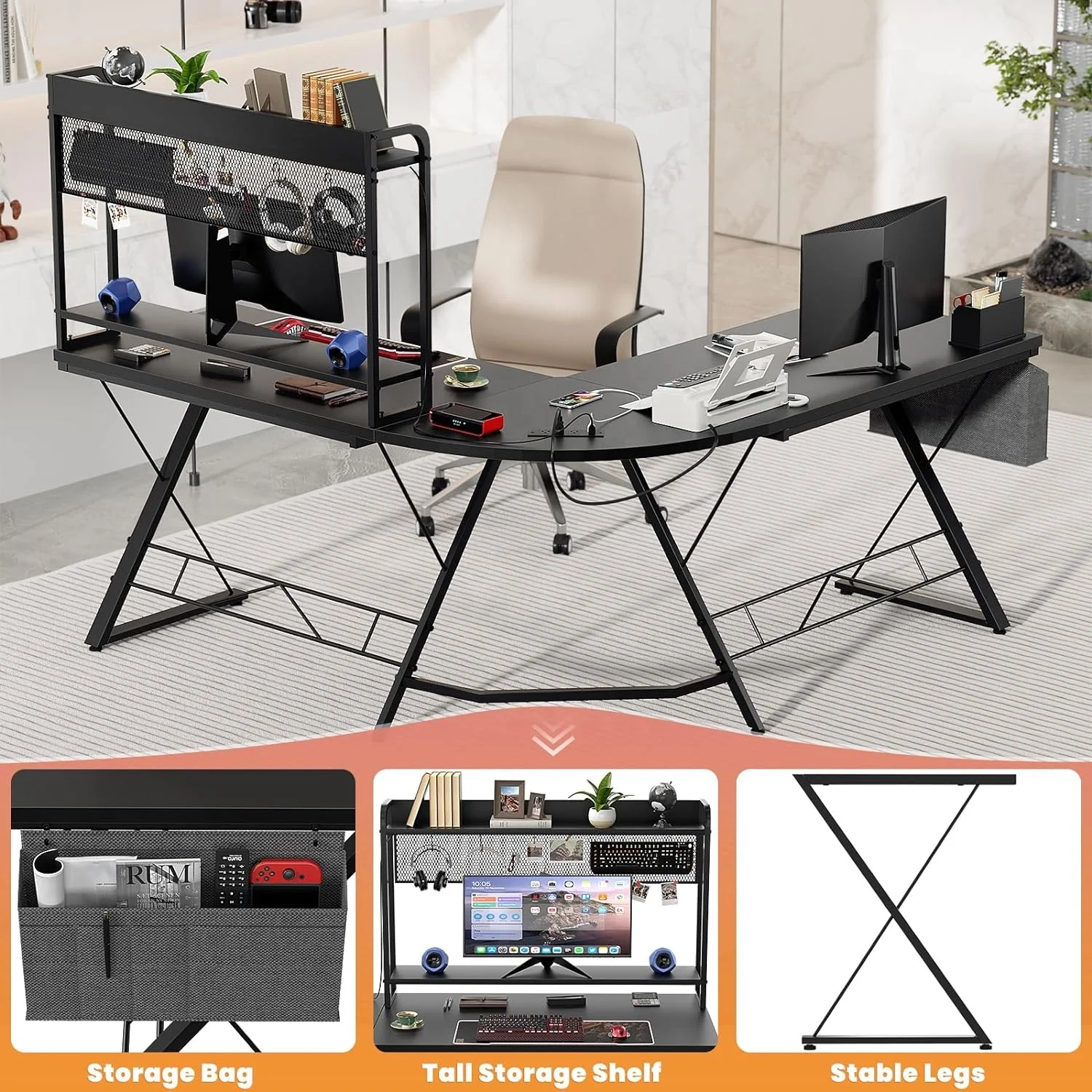 L Shaped Gaming Desk with LED Lights & Power Outlets pc gamer gaming table desk for home office L shape LED gaming desk