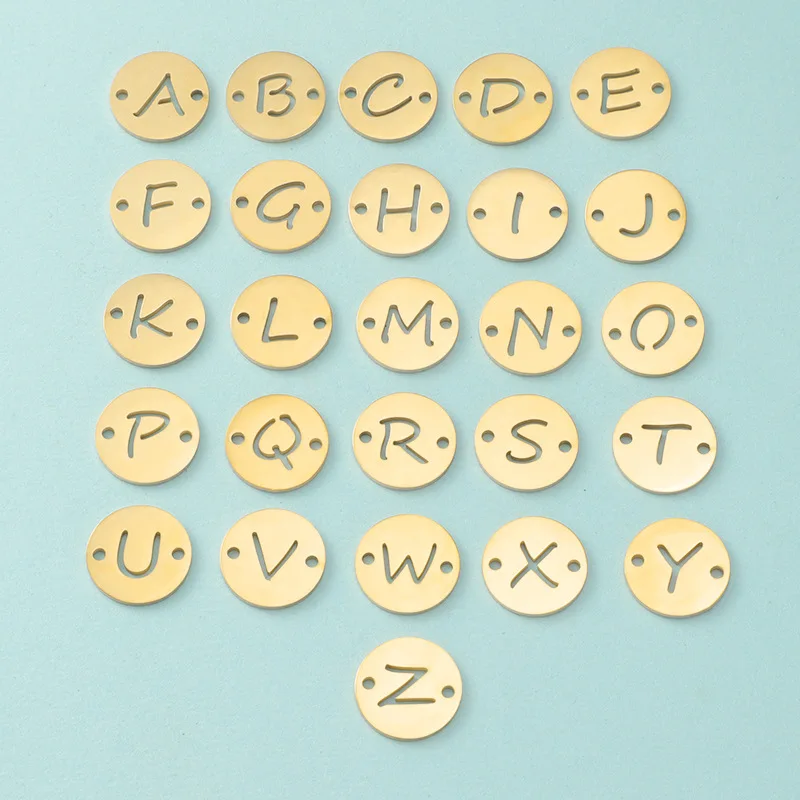 13mm Round Stainless Steel Hollow 26 English Letter Pendant With Double Hole Creative Filigree Connector DIY Jewelry Accessories