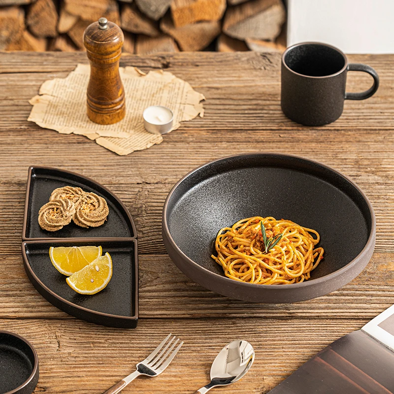 Black Clay Oval Ceramic Steak Plates Restaurant Tableware Retro Half Disk Salmon Sushi Snack Appetizer Plates