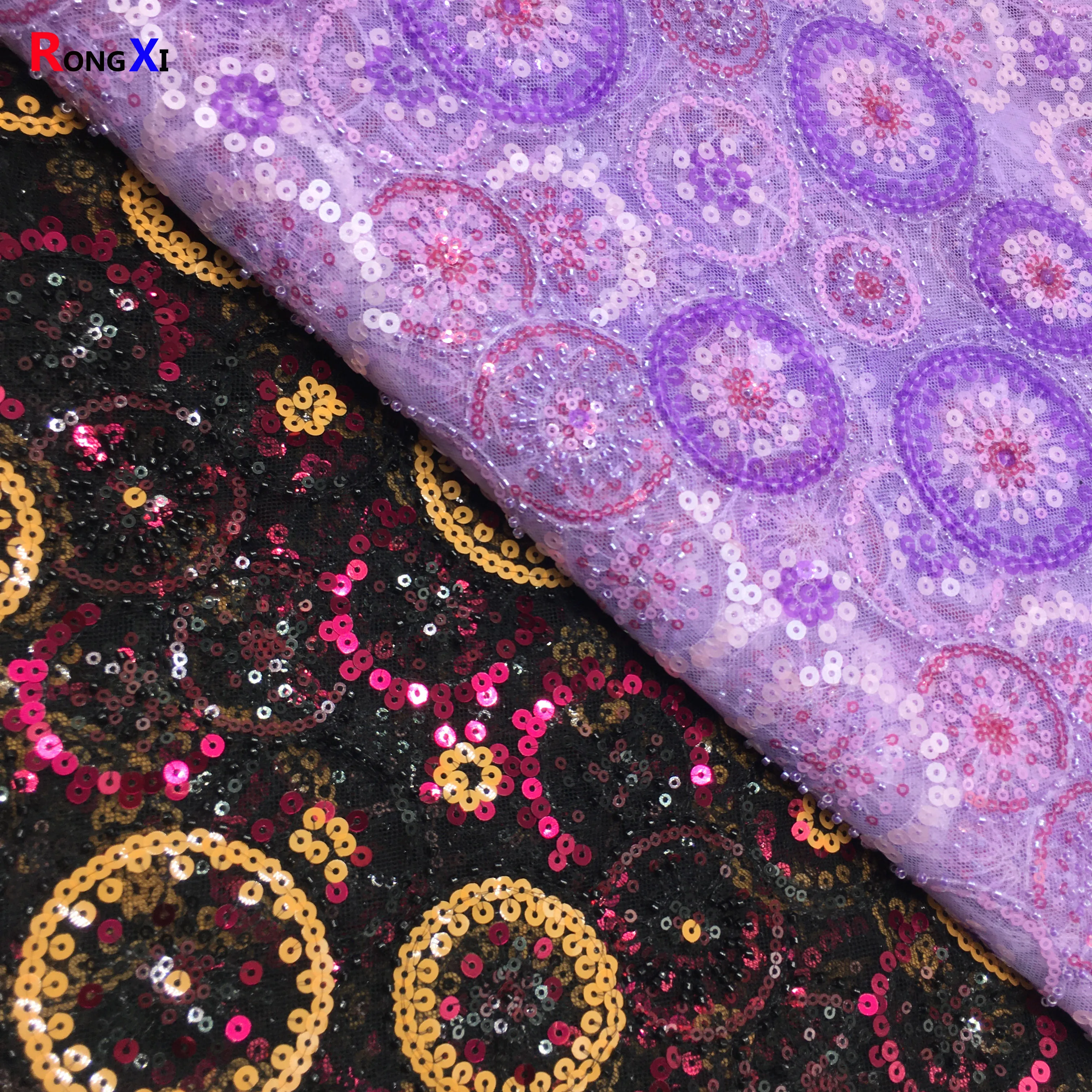 RXF2248 circle embroidery 3mm sequin Beaded purple mesh lace Fabric